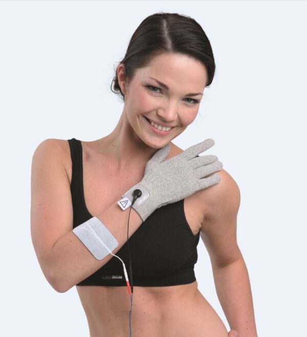 Glove textile electrode in use for TENS/EMS